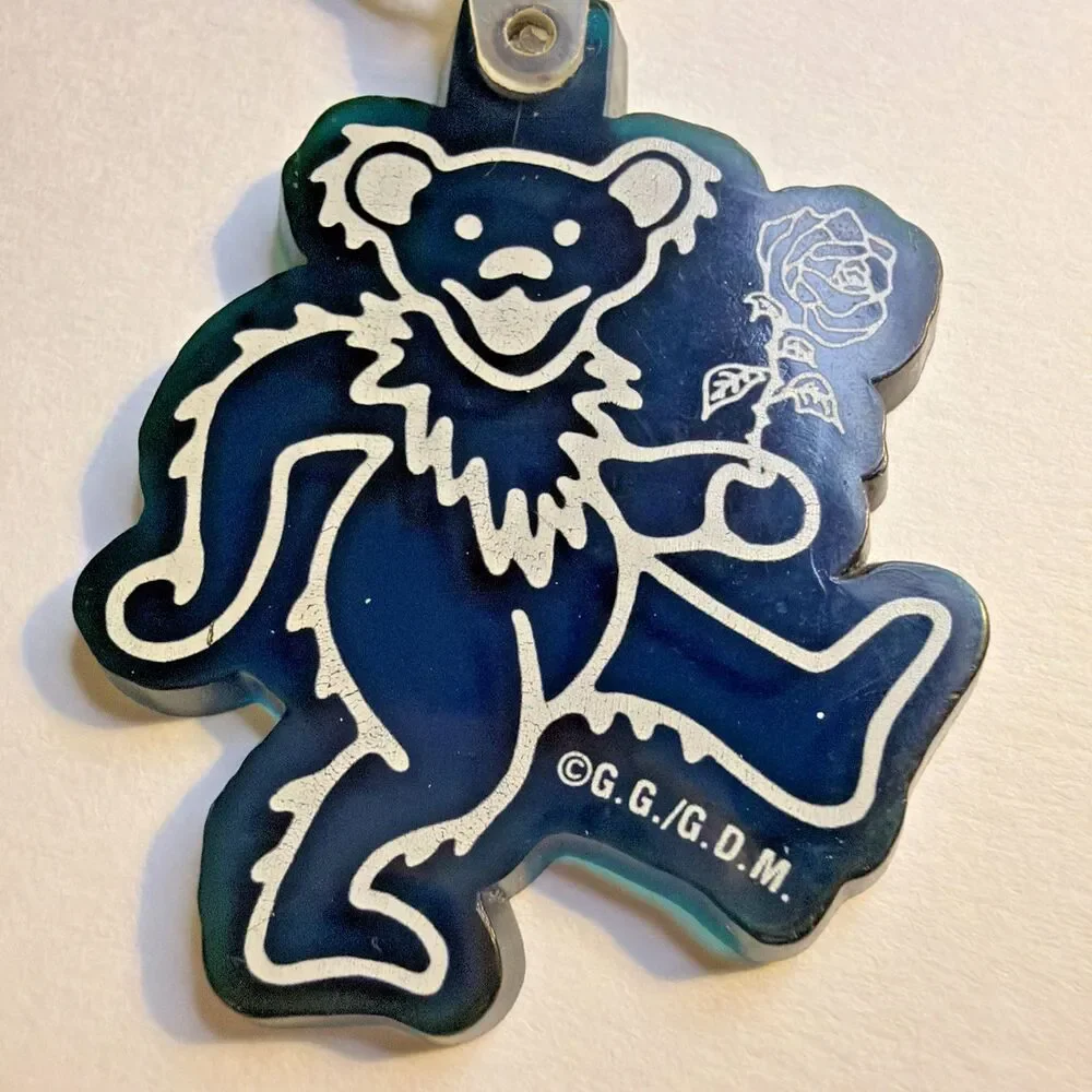 Vintage Grateful Dead Dancing Bear Keychain Blue Rubber PVC GDM Rose Owsley Bear